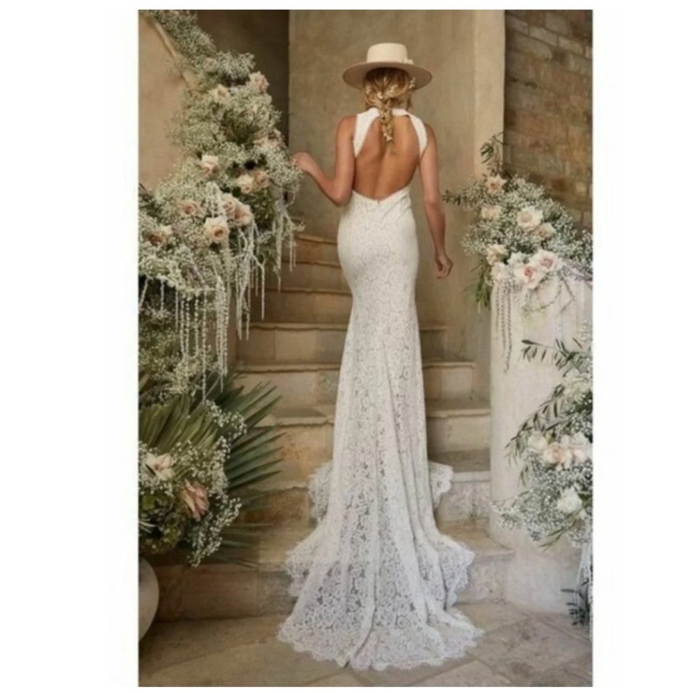 Whimsical Boho Wedding Gown Dress White Floral Lace Maxi Bride Love Everlasting - Picture 2 of 15